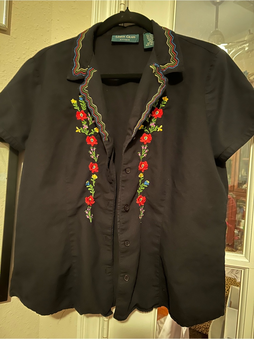 Black Embroidered Short-Sleeve Shirt